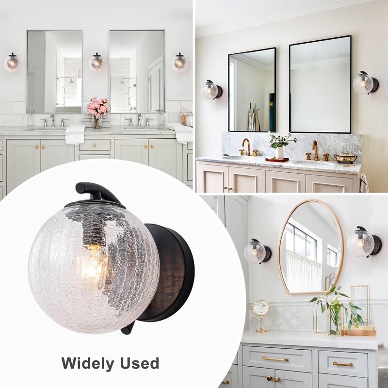 Modern Matte Black Metal Wall Sconce Round Clear Cracked Glass Shade