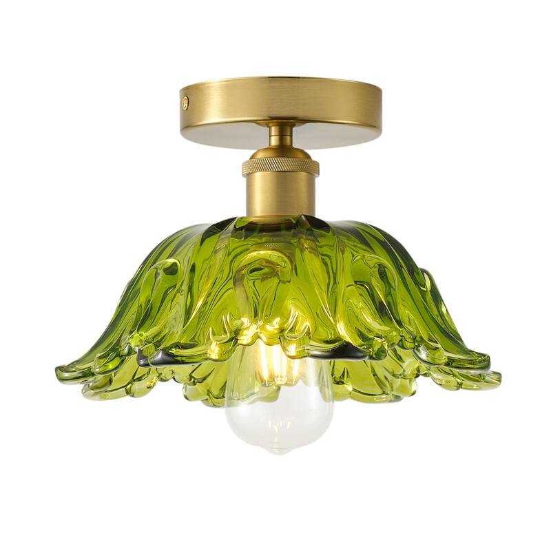 Vintage 1-Light Green Glass Semi Flush Mount Ceiling Fixture with Brass Base