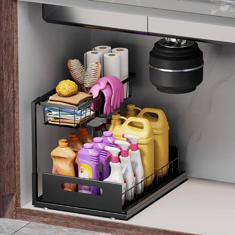 2 Tier Under Sink Organizer Slide Out Kitchen Cabinet Organizer - Black