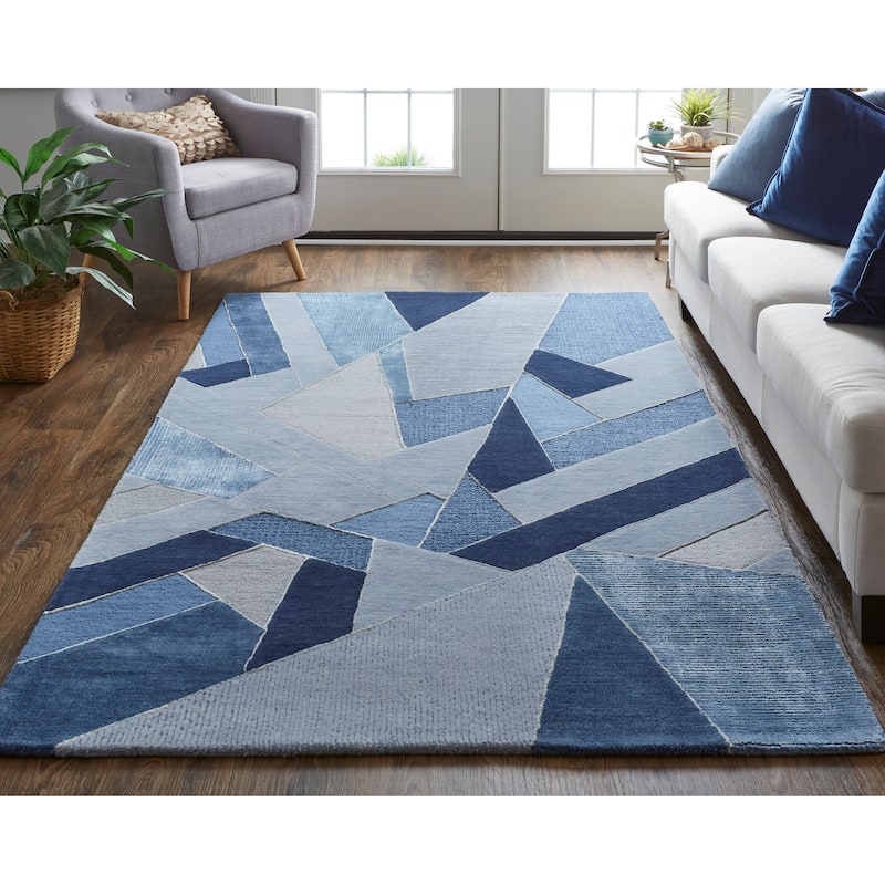 Cutlor Tufted Graphic Wool Rug, Tan/Gray/Cool Blue, Area Rug