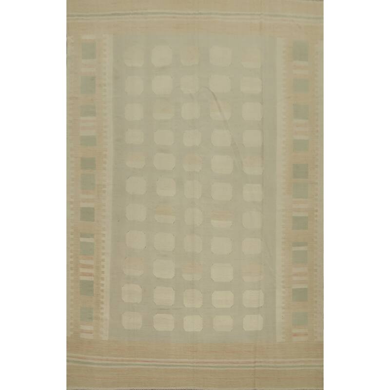 Hand Woven Oriental 100% Wool Carpet Southwestern Tribal Beige & Ivories Kilim Area Rug - 12' 2'' X 8' 10''