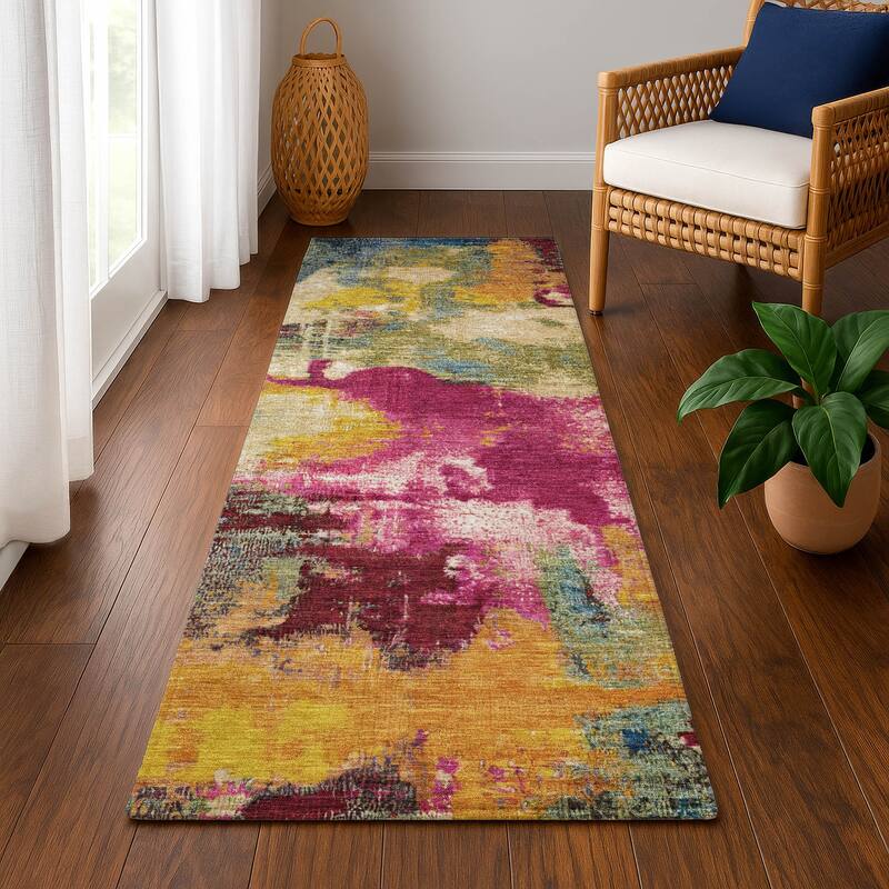 Premium Washable Super Soft Abstract Brushstrokes Mayfield Rug - Garnet - 2'3" x 7'6"