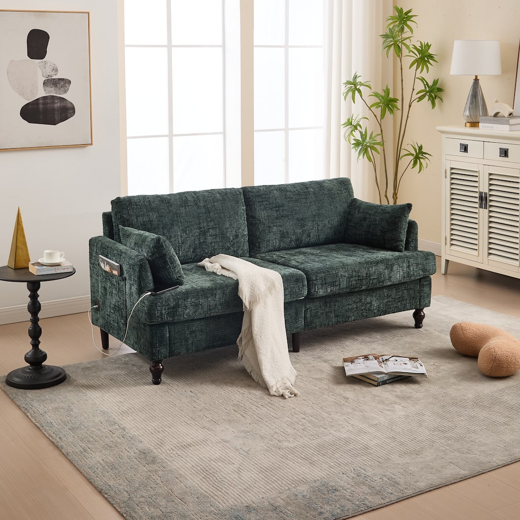 Emerald Multifunctional Sofa Couch Loveseat with Lights & Side Pocket, 2-Seater Sofa Couch with Charging Port