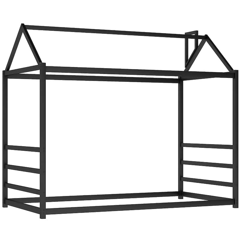 Twin House Platform Bed with Roof and Chimney Design, Metal Frame