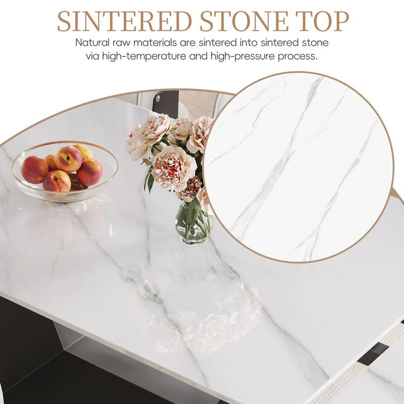 63"-95" Modern Extendable Dining Table For 6-10,White Glossy Sintered Stone Tabletop - 95