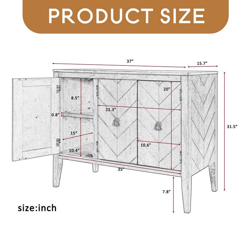 Adjustable Shelf Storage Sideboard with 3 Retro Metal Handles and 4 Pinewood Legs, for Entryway