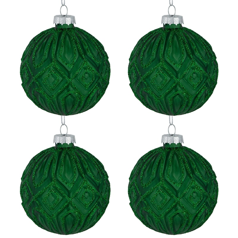 Glitter Lined Diamonds Glass Christmas Ball Ornament - 3" (80mm) - Green - 4ct