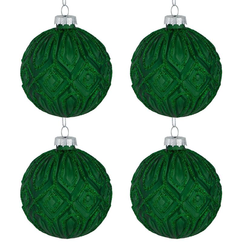 Glitter Lined Diamonds Glass Christmas Ball Ornament - 3" (80mm) - Green - 4ct