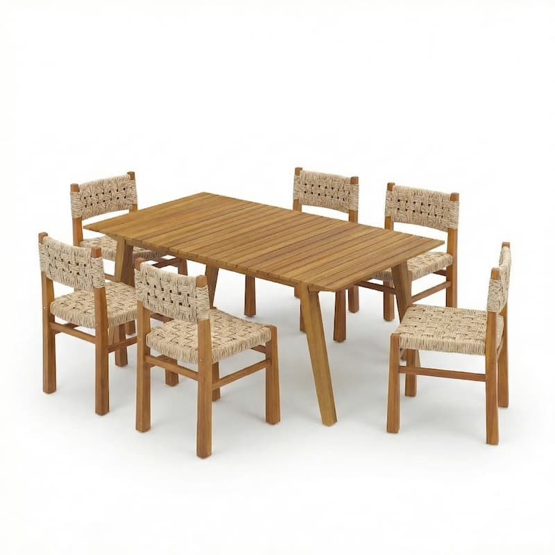 Christopher Knight Home - Orelia 7-Piece Outdoor Acacia Wood Dining Set with Woven Wicker Chairs & 68.5" Rectangular Slat Table