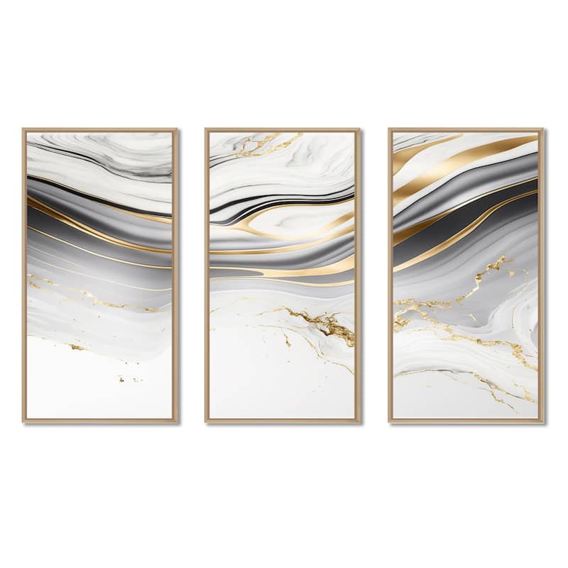 Designart "Abstract Geode Marble Waves Grey III" Modern Waves Framed Canvas Art Print - 3 Panels