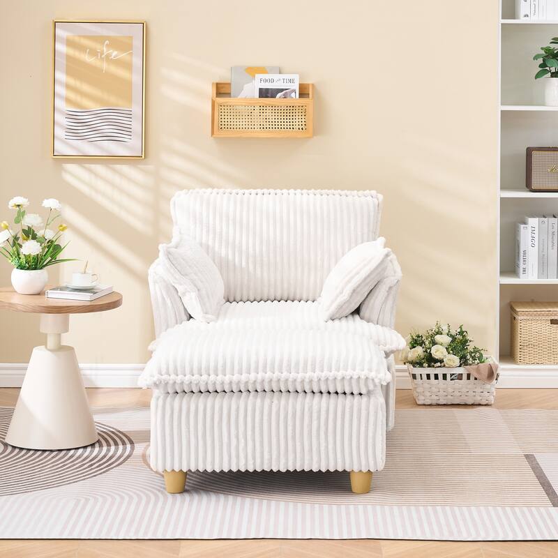 Single Sofa with Ottoman, Comfy Corduroy Upholstered Armchair, Lounge Chair with Throw Pillows for Living Room, Balcony - Beige