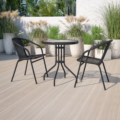 Indoor/Outdoor Round Glass Outdoor Patio Table Set with X-Base and 2 Chairs - 23.75"W x 23.75"D x 28"H