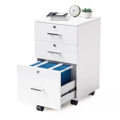 3-Drawer File Cabinet with Lock, Wood Rolling File Cabinet Under Desk File Cabinets, Mobile Printer Stand & File Cabinet