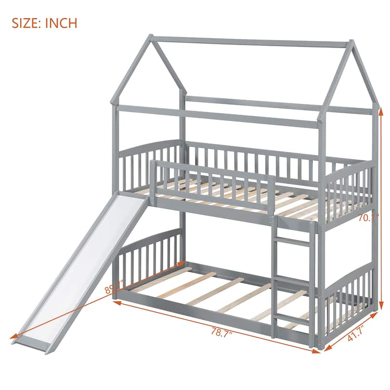 Fun Grey House Bed Twin Over Twin Bunk Bed with Slide