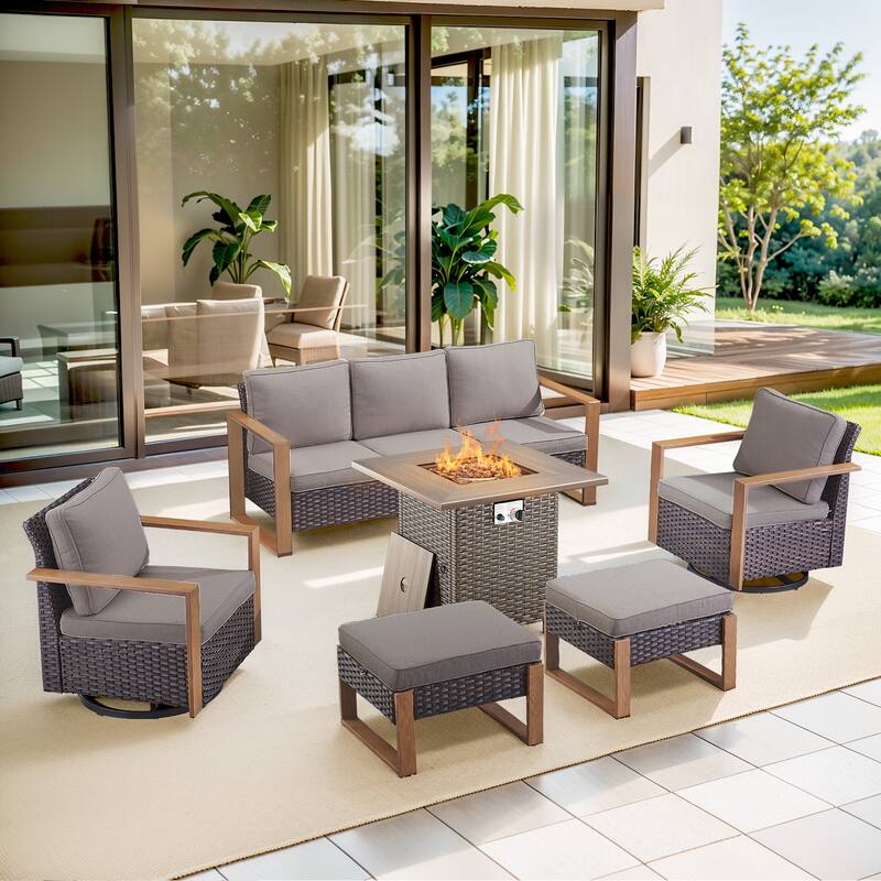 Pocassy 4/6/8PCS Sofa Swivel Chair with Fire Pit Table Set - Brown Wicker Gray Cushion - 6-Piece Sofa Swivel Chair Ottoman with Fire Table