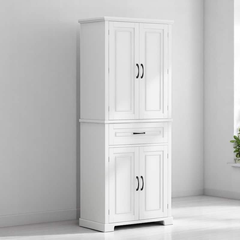 Freestanding White Bathroom Cabinet with Doors, Drawer & Adjustable Shelf, Tall Linen Tower Storage 72'' High - White