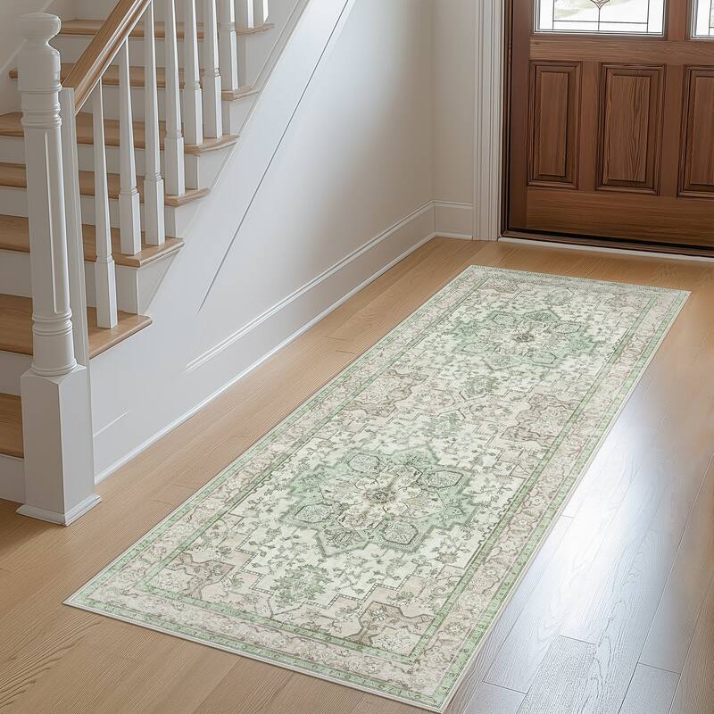 Mcow Green Floral Faded Low Pile Machine Washable Non-Slip Area Rug - 2'X6'