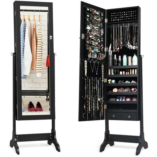 Lockable Mirrored Jewelry Cabinet Armoire Storage Organizer Box-Black - 18'' x 14.5'' x 61.5'' (L x W x H)