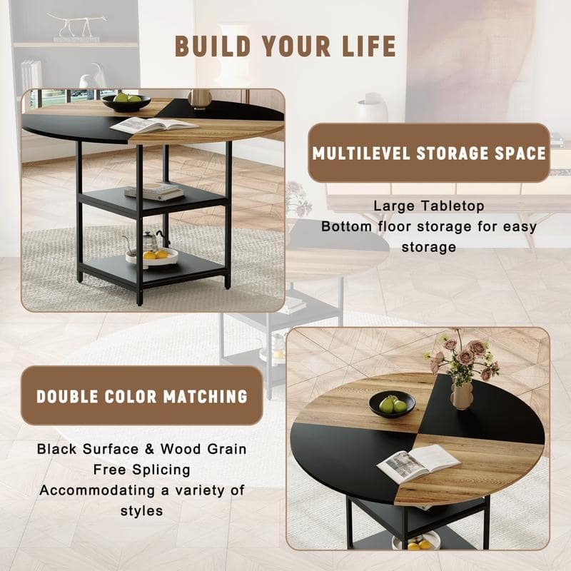 47.3-Inch Modern Round Dining Table – Double-Layer Storage with Wood & Black Fan-Shaped Diagonal Design .