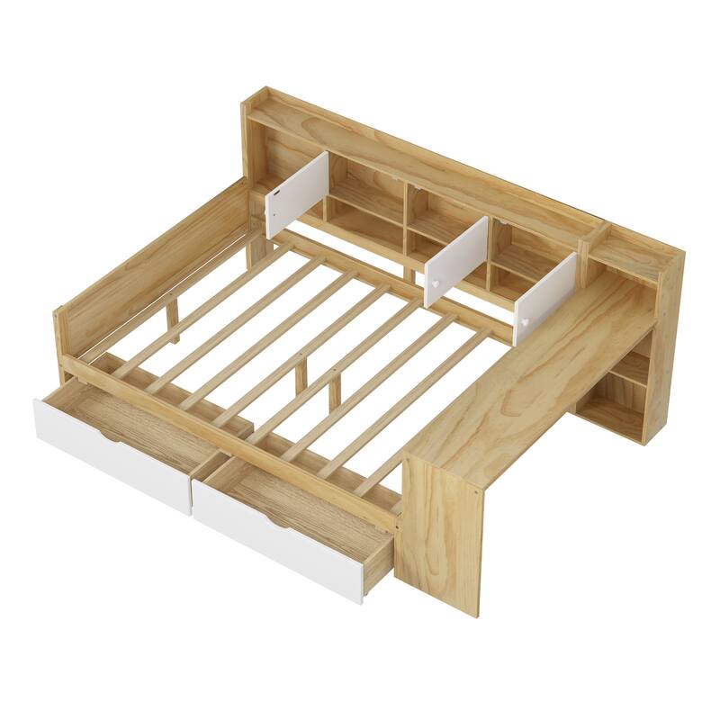 Wooden L Shaped Daybed with Bookcase and 2 Drawers, Multi-functional Corner Platform Sofa Bed Frame with Built In Desk