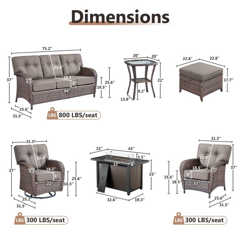 TWrap Wicker Patio Iron Fire Pit Conversation Set with 3-Seat Sofa & Swivel Gliders & Armchairs