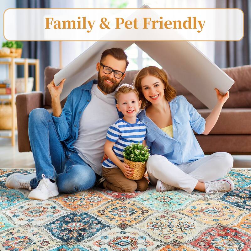 Rugs for Living Room Vintage Oriental Trellis Area Rug Soft Non Slip Low Pile Accent Rugs for Dining Room Office