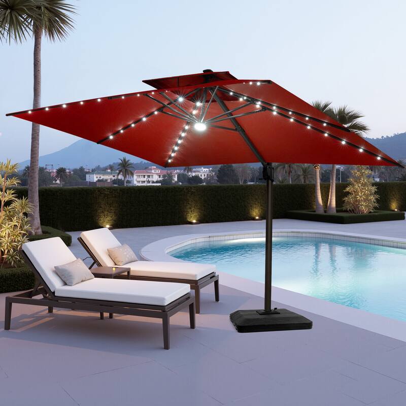VredHom 11X11 FT Outdoor Square Cantilever Patio Umbrella Aluminum Solar LED Light with HDPE Base - Red