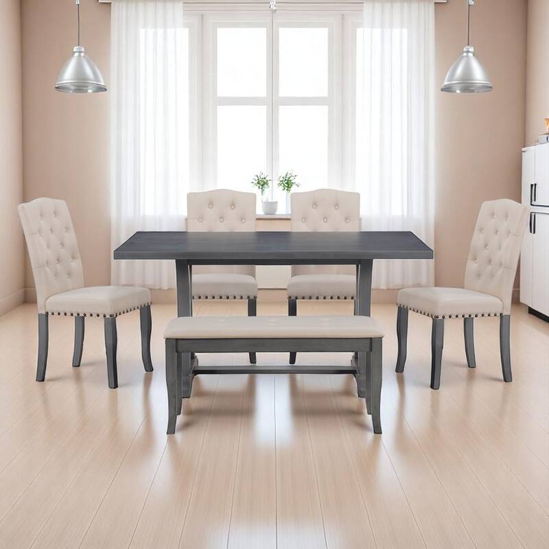 6-Piece Farmhouse Dining Table Set with Rectangular Trestle Table, 4 Upholstered Chairs & Bench for Dining Room or Kitchen