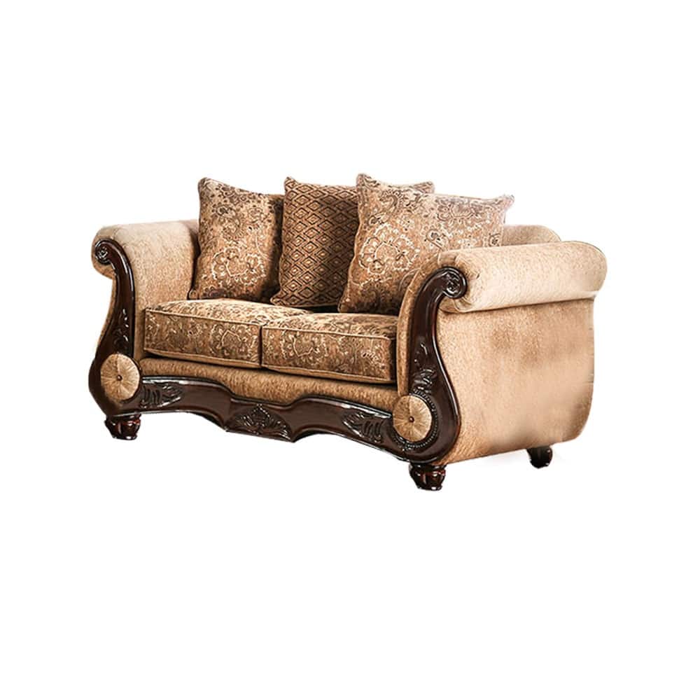 Chenille Love Seat with Rolled Arms Design in Gold