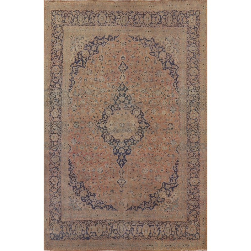 Distressed Kashan Persian Antique Area Rug Handmade Wool Carpet - 9'9" x 13'3"