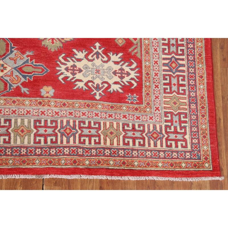 Oriental Red Geometric Kazak Area Rug Hand-Knotted Wool Carpet - 6'5" x 9'8"