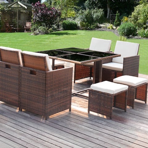 Outsunny 9 Piece Outdoor Rattan Wicker Dining Table and Chairs ...