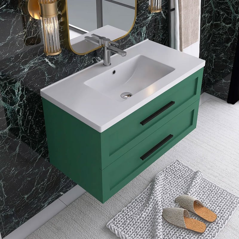 Wall-Mounted Bathroom Vanity in Green with White Ceramic Sink