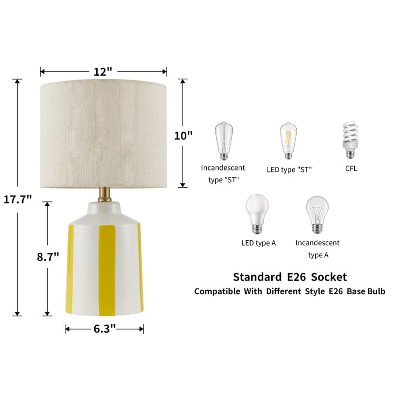KAWOTI Modern White with Yellow Stripe Ceramic Table Lamp