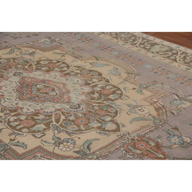 Gray Geometric Tabriz Persian Vintage Area Rug Handmade Wool Carpet - 9'10"x 12'11"