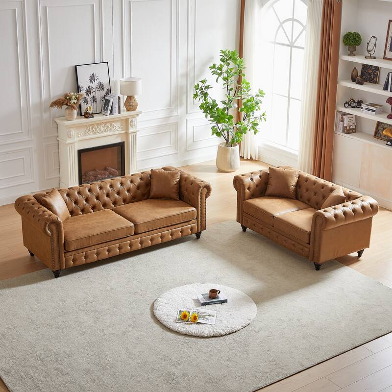 Chesterfield Style Sofa Set - 3+2 Seats, Tech Fabric - Brown