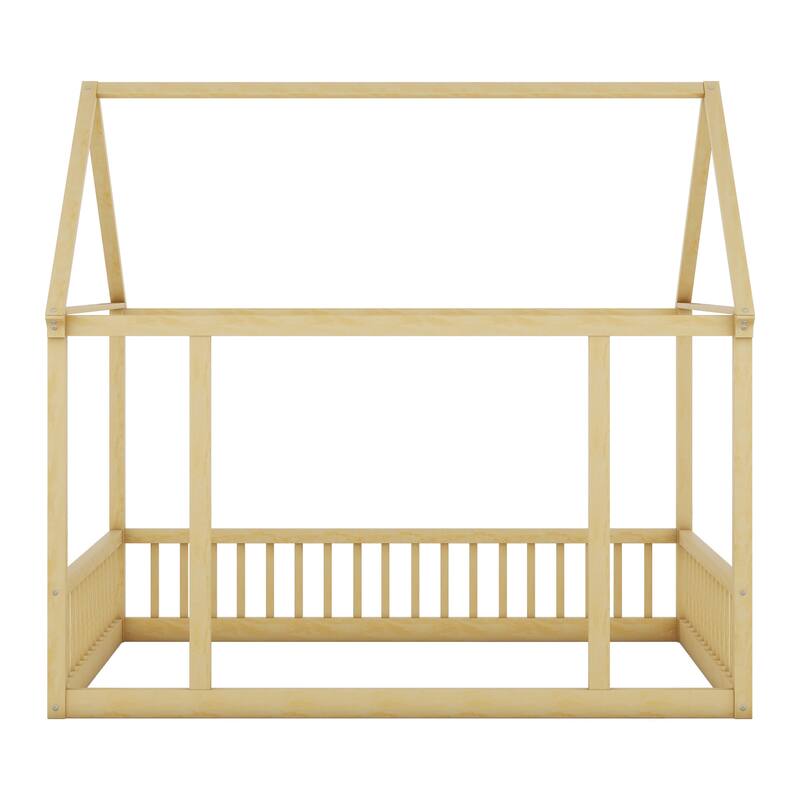 Full Size Pine Wood Floor Bed with House Roof & Guardrails