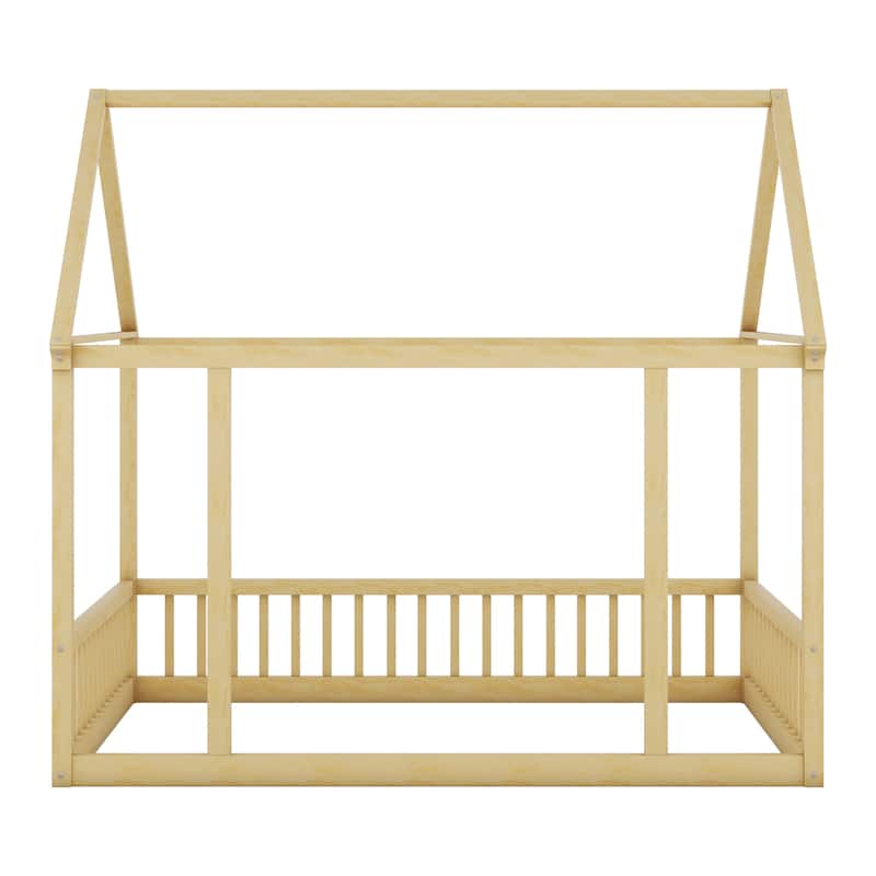 Pine Wood Floor Wooden Bed with House Roof Frame and Safety Guardrails