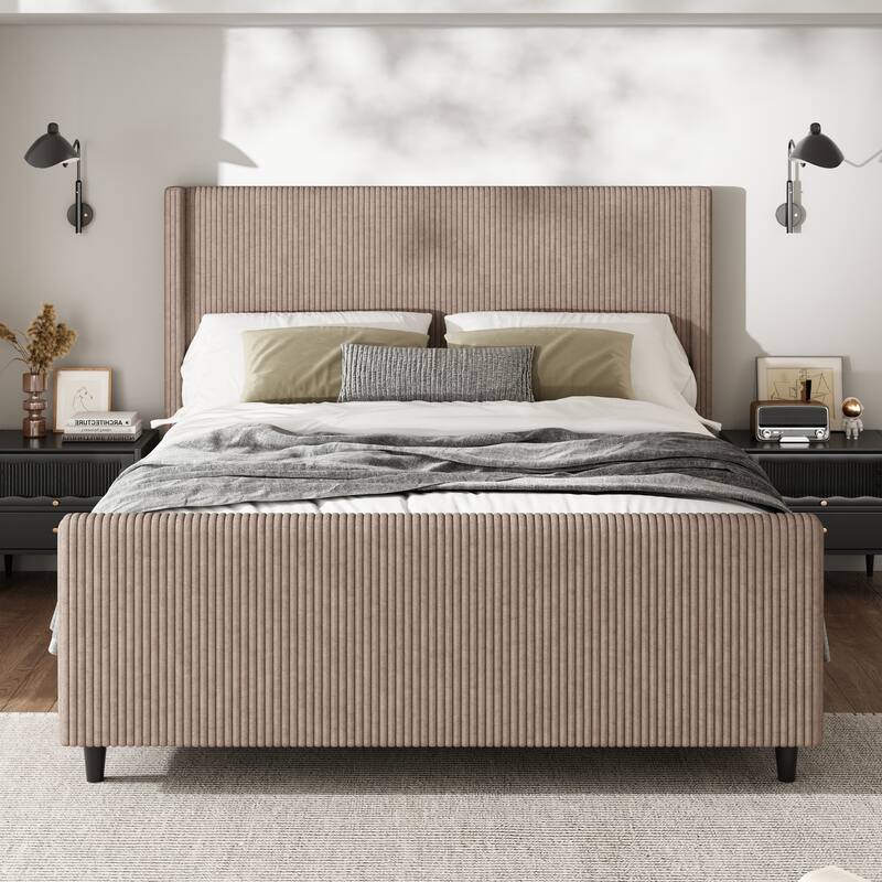 50.7" tall Corduroy upholstered bed frame with vertical textured wingback headboard - Taupe - Queen