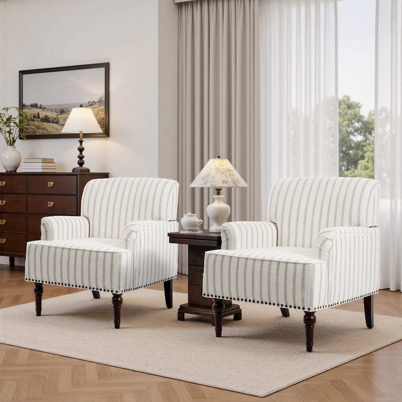 Set 2 Striped Upholstered Linen Armchair with Brass Nailhead Trim