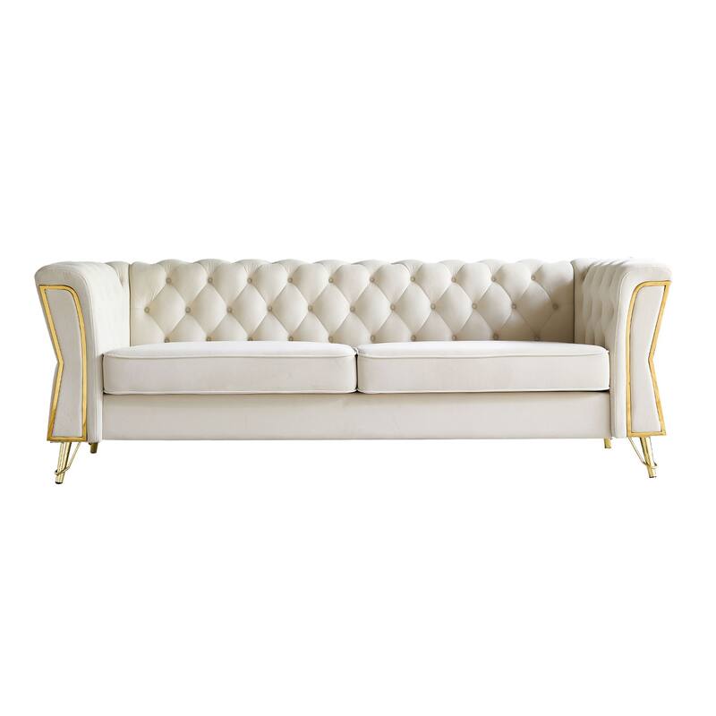 Tufted Velvet Sofa 87.4" - Flared Arms, Golden Frame - Beige