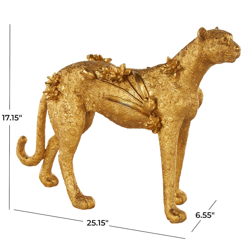 Gold Resin Standing Leopard Decorative Sculpture with Textured Spots and Floral Accents - 7"W x 25"L x 17"H