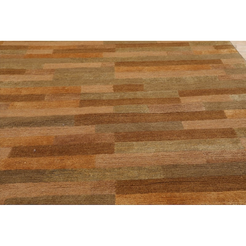 Hand Knotted Stripes Gold Wool & Silk Modern Oriental Area Rug - 3' x 4' 10''