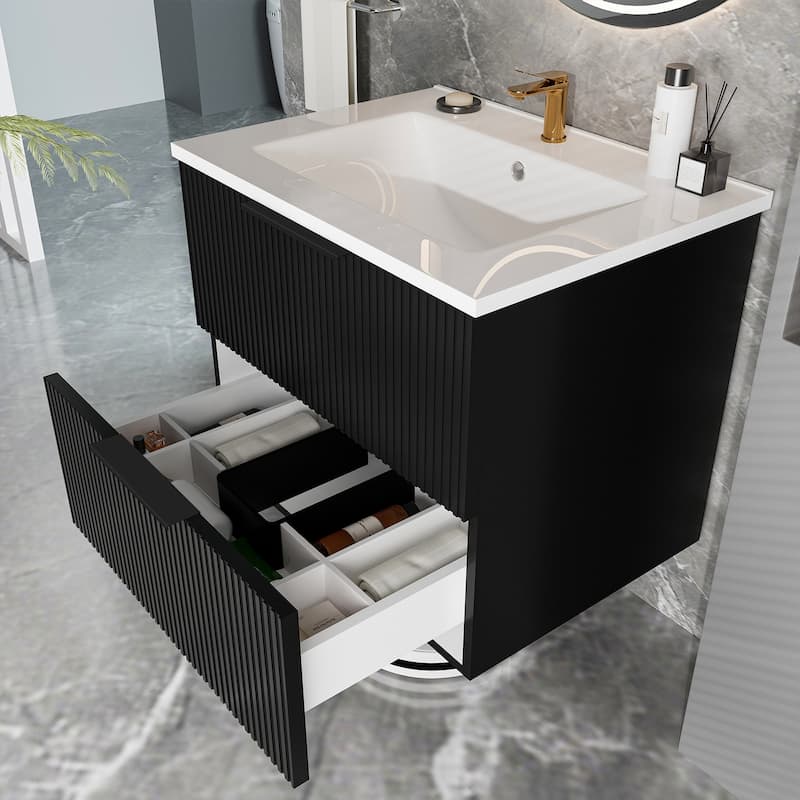 24 Inch Bathroom Vanity Cabinet With Ceramic Sink - Wall Mounted Floating Fluted Vanity With Drawers