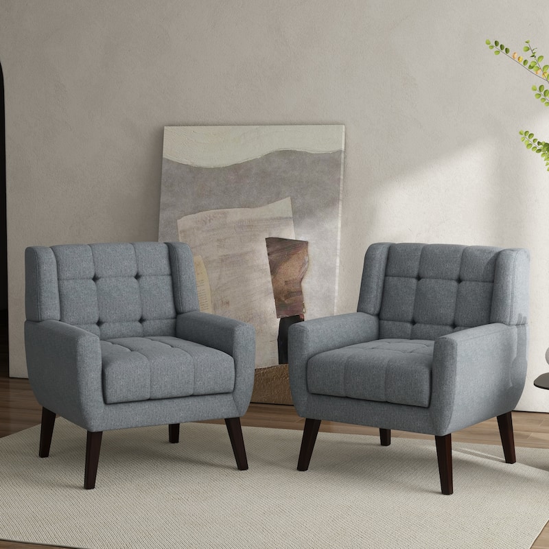 Tufted Wingback Accent Chairs Linen/Faux Leather/Velvet Armchairs Set of 2 - Linen - Grey/Linen