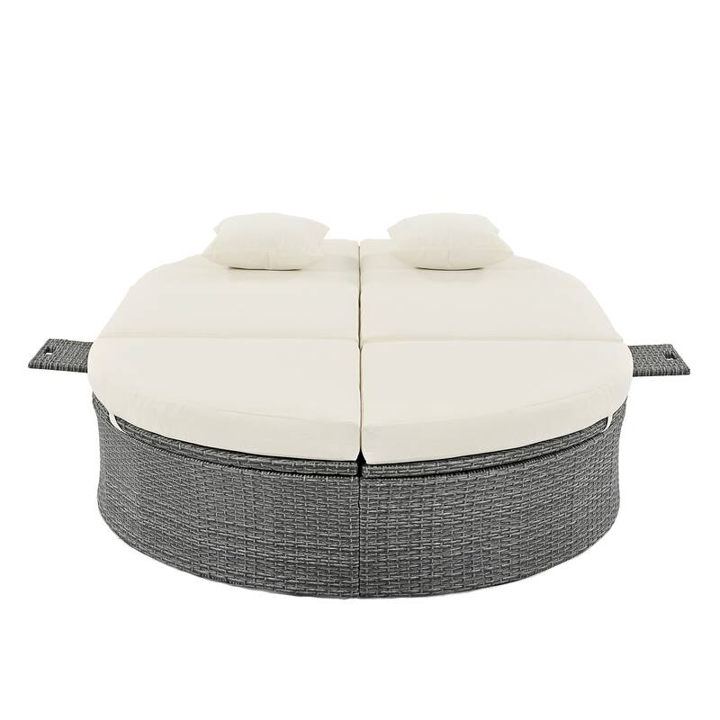 Outdoor Patio Rattan Round Daybed Sunbed with Adjustable Backrests and Foldable Cup Trays