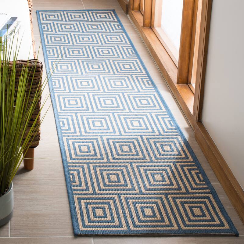 SAFAVIEH Linden Madita Indoor/ Outdoor Waterproof Patio Backyard Rug - 2'2" x 8' Runner - Cream/Blue