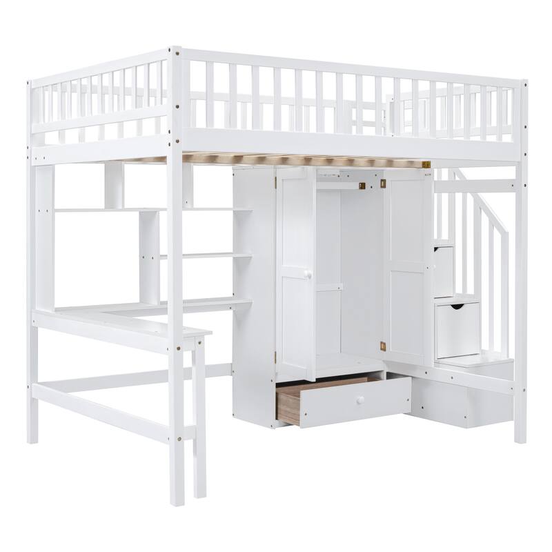 Full Size Loft Bed with Bookshelf, Drawers, Desk, and Wardrobe in White