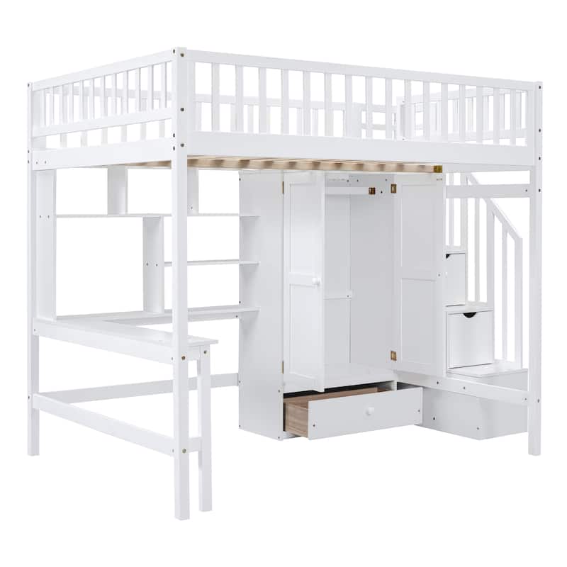 Full size Loft Bed with Bookshelf,Drawers,Desk,and Wardrobe