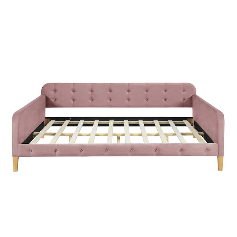 Button Backrest Upholstered Platform Bed Frame, Twin XL Size Daybed with LED Belt and Slats, Pull-out Trundle Bed